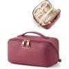 BAGSMART Makeup Bag Travel Cosmetic Bag, Large Make Up Bag Flat Open Toiletry Bag for Women, PU Leather Travel Essentials Organizer Case, Wide-open Pouch Purse for Skincare, Brushes, Classic Brown(15- Burgundy)