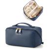 BAGSMART Makeup Bag Travel Cosmetic Bag, Large Make Up Bag Flat Open Toiletry Bag for Women, PU Leather Travel Essentials Organizer Case, Wide-open Pouch Purse for Skincare, Brushes, Classic Brown(13- Deep Navy)