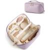 BAGSMART Makeup Bag Travel Cosmetic Bag, Large Make Up Bag Flat Open Toiletry Bag for Women, PU Leather Travel Essentials Organizer Case, Wide-open Pouch Purse for Skincare, Brushes, Classic Brown(11- Blush Purple)