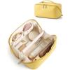 BAGSMART Makeup Bag Travel Cosmetic Bag, Large Make Up Bag Flat Open Toiletry Bag for Women, PU Leather Travel Essentials Organizer Case, Wide-open Pouch Purse for Skincare, Brushes, Classic Brown(19- Yellow)