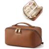 BAGSMART Makeup Bag Travel Cosmetic Bag, Large Make Up Bag Flat Open Toiletry Bag for Women, PU Leather Travel Essentials Organizer Case, Wide-open Pouch Purse for Skincare, Brushes, Classic Brown(09- Coffee Brown)