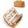 BAGSMART Makeup Bag Travel Cosmetic Bag, Large Make Up Bag Flat Open Toiletry Bag for Women, PU Leather Travel Essentials Organizer Case, Wide-open Pouch Purse for Skincare, Brushes, Classic Brown(20- Ginger Yellow)