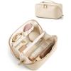BAGSMART Makeup Bag Travel Cosmetic Bag, Large Make Up Bag Flat Open Toiletry Bag for Women, PU Leather Travel Essentials Organizer Case, Wide-open Pouch Purse for Skincare, Brushes, Classic Brown(10- Cream Beige)