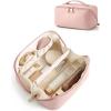 BAGSMART Makeup Bag Travel Cosmetic Bag, Large Make Up Bag Flat Open Toiletry Bag for Women, PU Leather Travel Essentials Organizer Case, Wide-open Pouch Purse for Skincare, Brushes, Classic Brown(03- Pink)