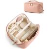BAGSMART Makeup Bag Travel Cosmetic Bag, Large Make Up Bag Flat Open Toiletry Bag for Women, PU Leather Travel Essentials Organizer Case, Wide-open Pouch Purse for Skincare, Brushes, Classic Brown(04- Nude Pink)