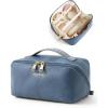 BAGSMART Makeup Bag Travel Cosmetic Bag, Large Make Up Bag Flat Open Toiletry Bag for Women, PU Leather Travel Essentials Organizer Case, Wide-open Pouch Purse for Skincare, Brushes, Classic Brown(21- Vintage Denim Blue)