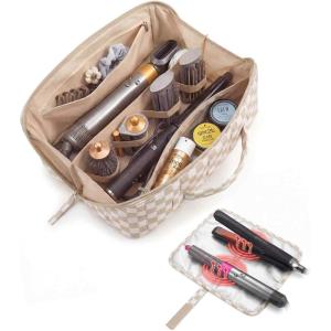 BAGSMART Hair Tool Organizer Travel Bag Compatible with Dyson Airwrap, Shark Hair Dryer, Wide-open Accessories Organizer with Heat Resistant Mat, Makeup Bag for Dyson Attachments, Curling Iron, Black(Khaki Brown Checkered Print)