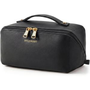 BAGSMART Makeup Bag Travel Cosmetic Bag, Large Make Up Bag Flat Open Toiletry Bag for Women, PU Leather Travel Essentials Organizer Case, Wide-open Pouch Purse for Skincare, Brushes, Classic Brown(02- Black)