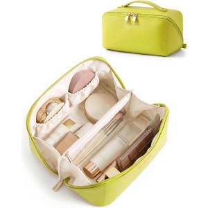 BAGSMART Makeup Bag Travel Cosmetic Bag, Large Make Up Bag Flat Open Toiletry Bag for Women, PU Leather Travel Essentials Organizer Case, Wide-open Pouch Purse for Skincare, Brushes, Classic Brown(18- Light Green)