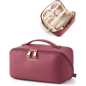 BAGSMART Makeup Bag Travel Cosmetic Bag, Large Make Up Bag Flat Open Toiletry Bag for Women, PU Leather Travel Essentials Organizer Case, Wide-open Pouch Purse for Skincare, Brushes, Classic Brown(15- Burgundy)