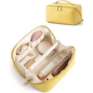 BAGSMART Makeup Bag Travel Cosmetic Bag, Large Make Up Bag Flat Open Toiletry Bag for Women, PU Leather Travel Essentials Organizer Case, Wide-open Pouch Purse for Skincare, Brushes, Classic Brown(19- Yellow)