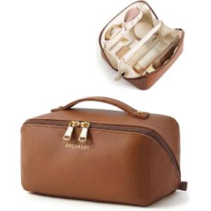 BAGSMART Makeup Bag Travel Cosmetic Bag, Large Make Up Bag Flat Open Toiletry Bag for Women, PU Leather Travel Essentials Organizer Case, Wide-open Pouch Purse for Skincare, Brushes, Classic Brown(09- Coffee Brown)