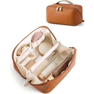 BAGSMART Makeup Bag Travel Cosmetic Bag, Large Make Up Bag Flat Open Toiletry Bag for Women, PU Leather Travel Essentials Organizer Case, Wide-open Pouch Purse for Skincare, Brushes, Classic Brown(14- Vintage Brown)