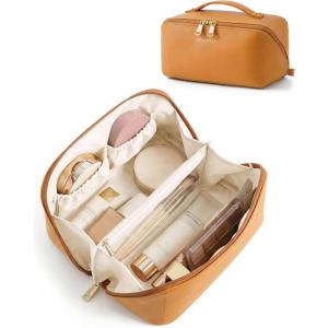 BAGSMART Makeup Bag Travel Cosmetic Bag, Large Make Up Bag Flat Open Toiletry Bag for Women, PU Leather Travel Essentials Organizer Case, Wide-open Pouch Purse for Skincare, Brushes, Classic Brown(20- Ginger Yellow)