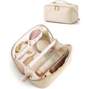 BAGSMART Makeup Bag Travel Cosmetic Bag, Large Make Up Bag Flat Open Toiletry Bag for Women, PU Leather Travel Essentials Organizer Case, Wide-open Pouch Purse for Skincare, Brushes, Classic Brown(10- Cream Beige)
