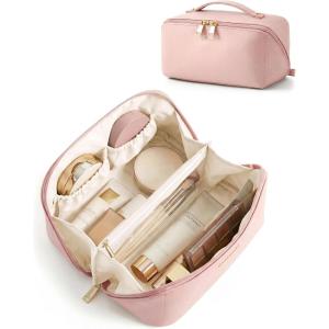 BAGSMART Makeup Bag Travel Cosmetic Bag, Large Make Up Bag Flat Open Toiletry Bag for Women, PU Leather Travel Essentials Organizer Case, Wide-open Pouch Purse for Skincare, Brushes, Classic Brown(03- Pink)