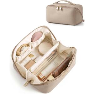 BAGSMART Makeup Bag Travel Cosmetic Bag, Large Make Up Bag Flat Open Toiletry Bag for Women, PU Leather Travel Essentials Organizer Case, Wide-open Pouch Purse for Skincare, Brushes, Classic Brown(05- Camel)