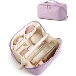 BAGSMART Makeup Bag Travel Cosmetic Bag, Large Make Up Bag Flat Open Toiletry Bag for Women, PU Leather Travel Essentials Organizer Case, Wide-open Pouch Purse for Skincare, Brushes, Classic Brown(16- Lilac)