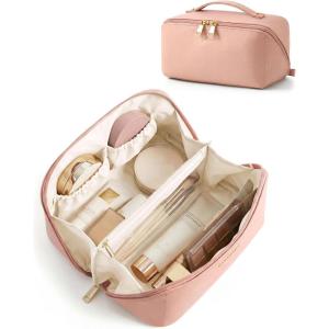 BAGSMART Makeup Bag Travel Cosmetic Bag, Large Make Up Bag Flat Open Toiletry Bag for Women, PU Leather Travel Essentials Organizer Case, Wide-open Pouch Purse for Skincare, Brushes, Classic Brown(04- Nude Pink)