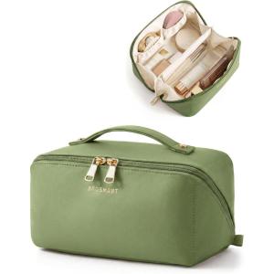 BAGSMART Makeup Bag Travel Cosmetic Bag, Large Make Up Bag Flat Open Toiletry Bag for Women, PU Leather Travel Essentials Organizer Case, Wide-open Pouch Purse for Skincare, Brushes, Classic Brown(17- Dark Green)