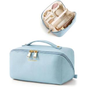 BAGSMART Makeup Bag Travel Cosmetic Bag, Large Make Up Bag Flat Open Toiletry Bag for Women, PU Leather Travel Essentials Organizer Case, Wide-open Pouch Purse for Skincare, Brushes, Classic Brown(12- Sky Blue)