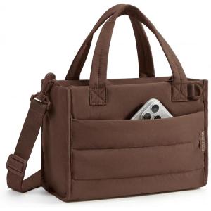 BAGSMART Small Tote Bag for Women, Puffer Quilted Work Tote Bag, Zipper Closure for Work Travel College | Small & mini tote, Lightweight 2 sizes, crossbody bag, 14‘’ laptop bag, crossbody bag, teacher bag(6l-coffee)