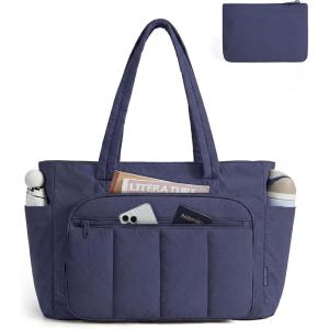 BAGSMART Tote Bag for Women, 2 Set Puffer Tote Bag with Zipper, Quilted Nurse Handbags for Work Travel College | 20L Capacity, 15.6” Laptop Bag, with Cosmetic Bag, Carry on Bag, Nurse Gym Bag(Navy)