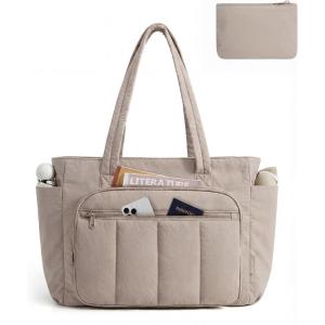 BAGSMART Tote Bag for Women, 2 Set Puffer Tote Bag with Zipper, Quilted Nurse Handbags for Work Travel College | 20L Capacity, 15.6” Laptop Bag, with Cosmetic Bag, Carry on Bag, Nurse Gym Bag(Camel)