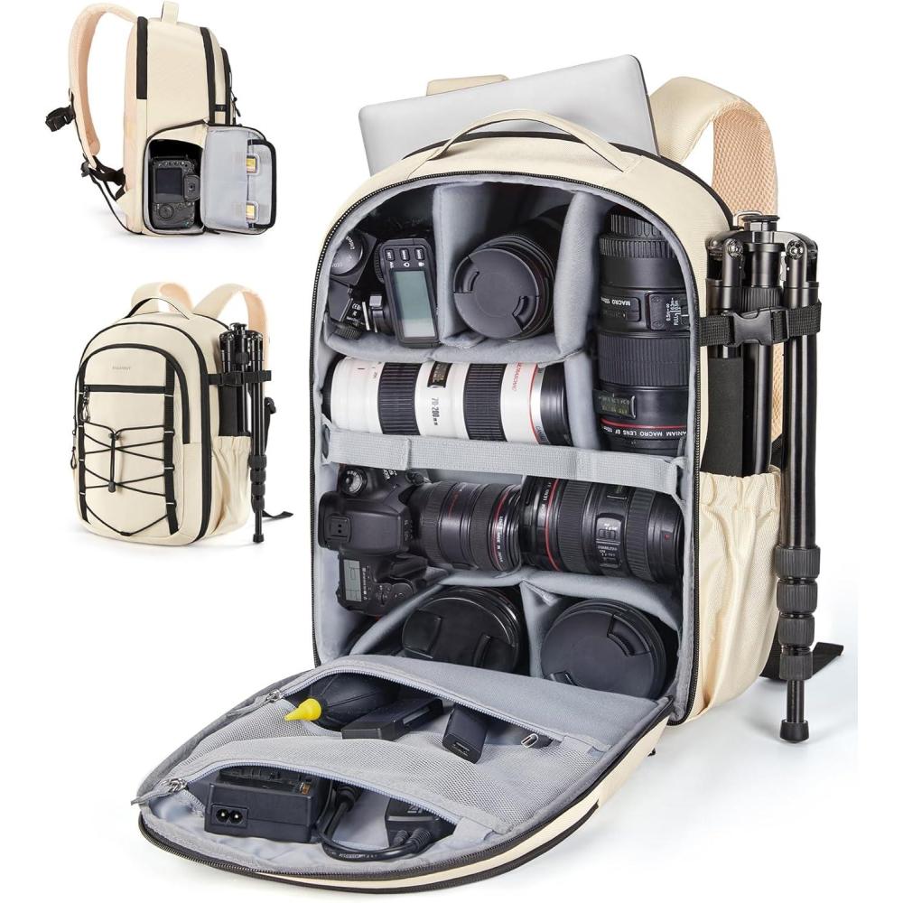 image:imageBAGSMART Professional Camera Backpack for DSLRs Protective Camera Bag with Tripod Holder Rain Cover amp 17 Laptop Compartment Drone Backpack BeigeBeige