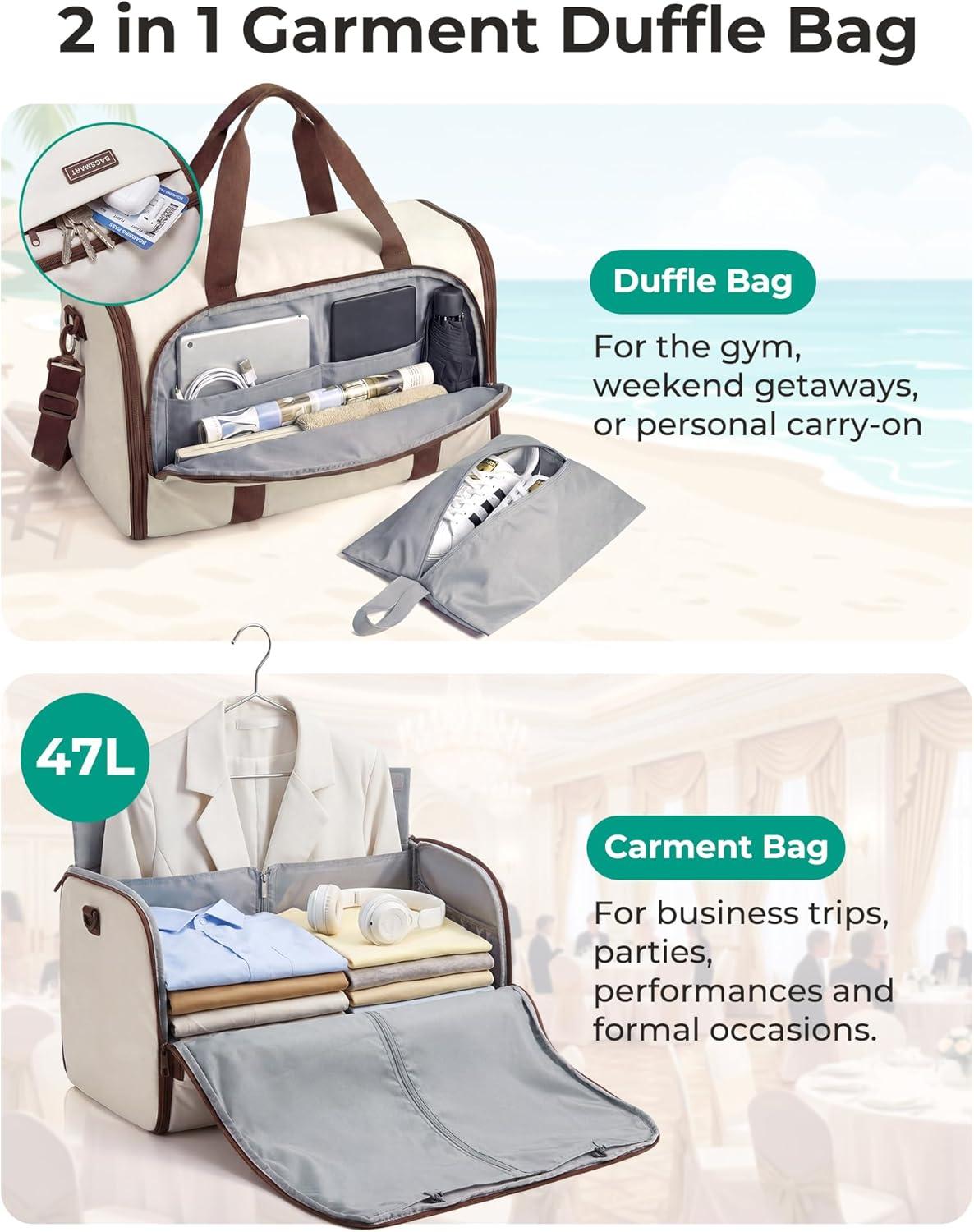 image:imageBAGSMART Garment Bag Duffle Bag for Travel Convertible 2 in 1 Suit Bag for Hanging Clothes Carry on Travel Bag with Shoes BagShoulder Strap Weekender for Dresses Coats Shirts BlackBlack