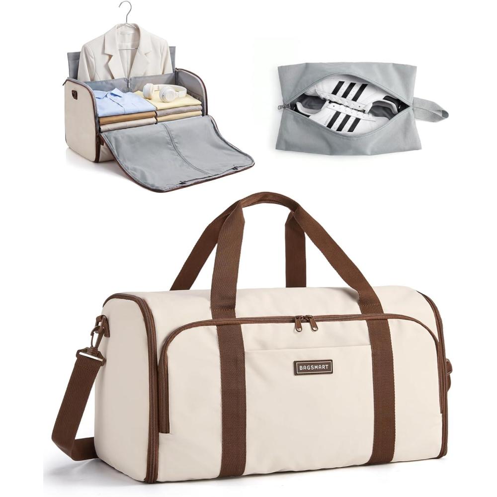 image:imageBAGSMART Garment Bag Duffle Bag for Travel Convertible 2 in 1 Suit Bag for Hanging Clothes Carry on Travel Bag with Shoes BagShoulder Strap Weekender for Dresses Coats Shirts BlackWhite