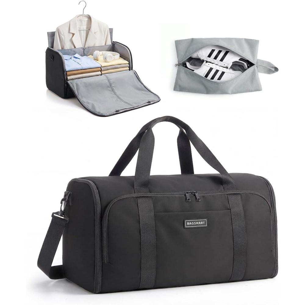 image:imageBAGSMART Garment Bag Duffle Bag for Travel Convertible 2 in 1 Suit Bag for Hanging Clothes Carry on Travel Bag with Shoes BagShoulder Strap Weekender for Dresses Coats Shirts BlackBlack