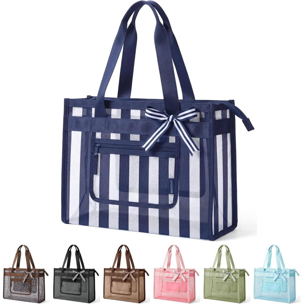 image:imageBAGSMART Mesh Beach Bag with Zipper Pocket Large Beach Tote Bags for Women  for 40 oz Bottle Removable Ribbon Bow Sandproof amp Washable Cruise Essentials for Swim Pool Gym Vacation Travel BagNavy Blue Stripes
