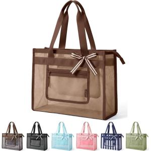 BAGSMART Mesh Beach Bag with Zipper Pocket, Large Beach Tote Bags for Women | for 40 oz Bottle, Removable Ribbon Bow, Sandproof & Washable, Cruise Essentials, for Swim, Pool, Gym, Vacation, Travel Bag(Tan Brown)