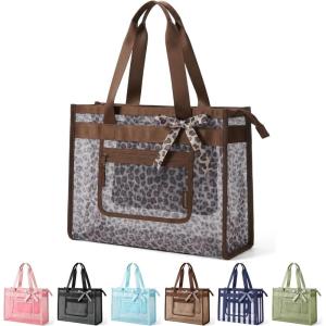 BAGSMART Mesh Beach Bag with Zipper Pocket, Large Beach Tote Bags for Women | for 40 oz Bottle, Removable Ribbon Bow, Sandproof & Washable, Cruise Essentials, for Swim, Pool, Gym, Vacation, Travel Bag(Leopard Print)