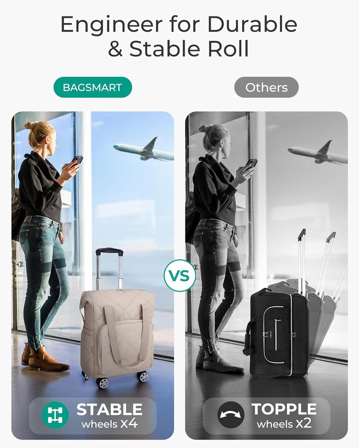 image:imageBAGSMART Rolling Duffle Bag with Wheels 35L Carry on Travel Bag with Detachable Wheels PVC Wet Pocket Duffle Bag with Handle