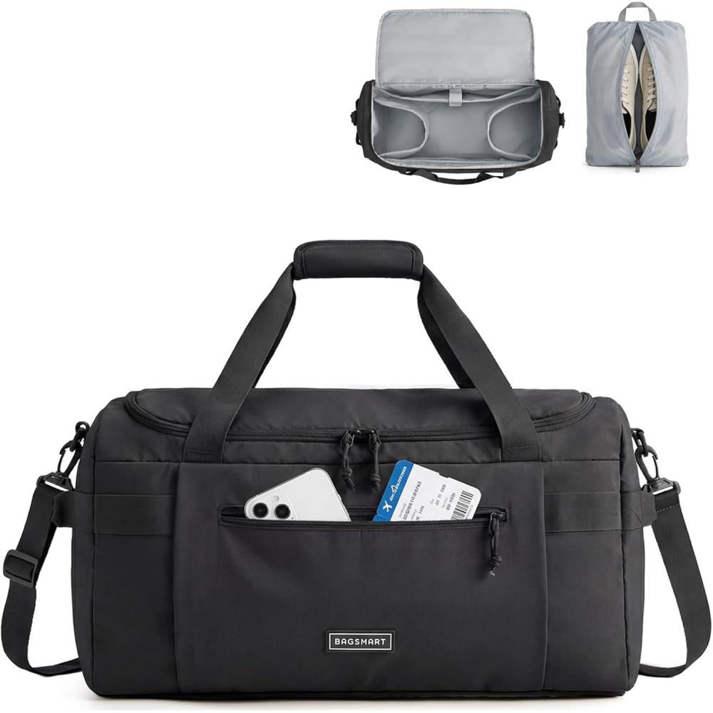 image:imageBAGSMART Weekend Bag with Shoe Bag 32L Travel Duffle Bag with Laptop Compartment Sports Duffel Bags Gym Bag Carry On Bag for Travel Gym BrownBlack