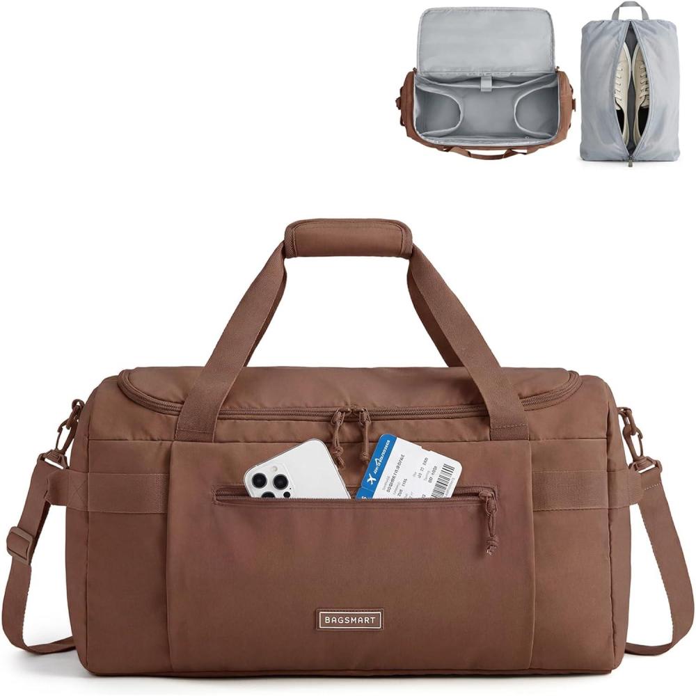 image:imageBAGSMART Weekend Bag with Shoe Bag 32L Travel Duffle Bag with Laptop Compartment Sports Duffel Bags Gym Bag Carry On Bag for Travel Gym BrownDark Brown