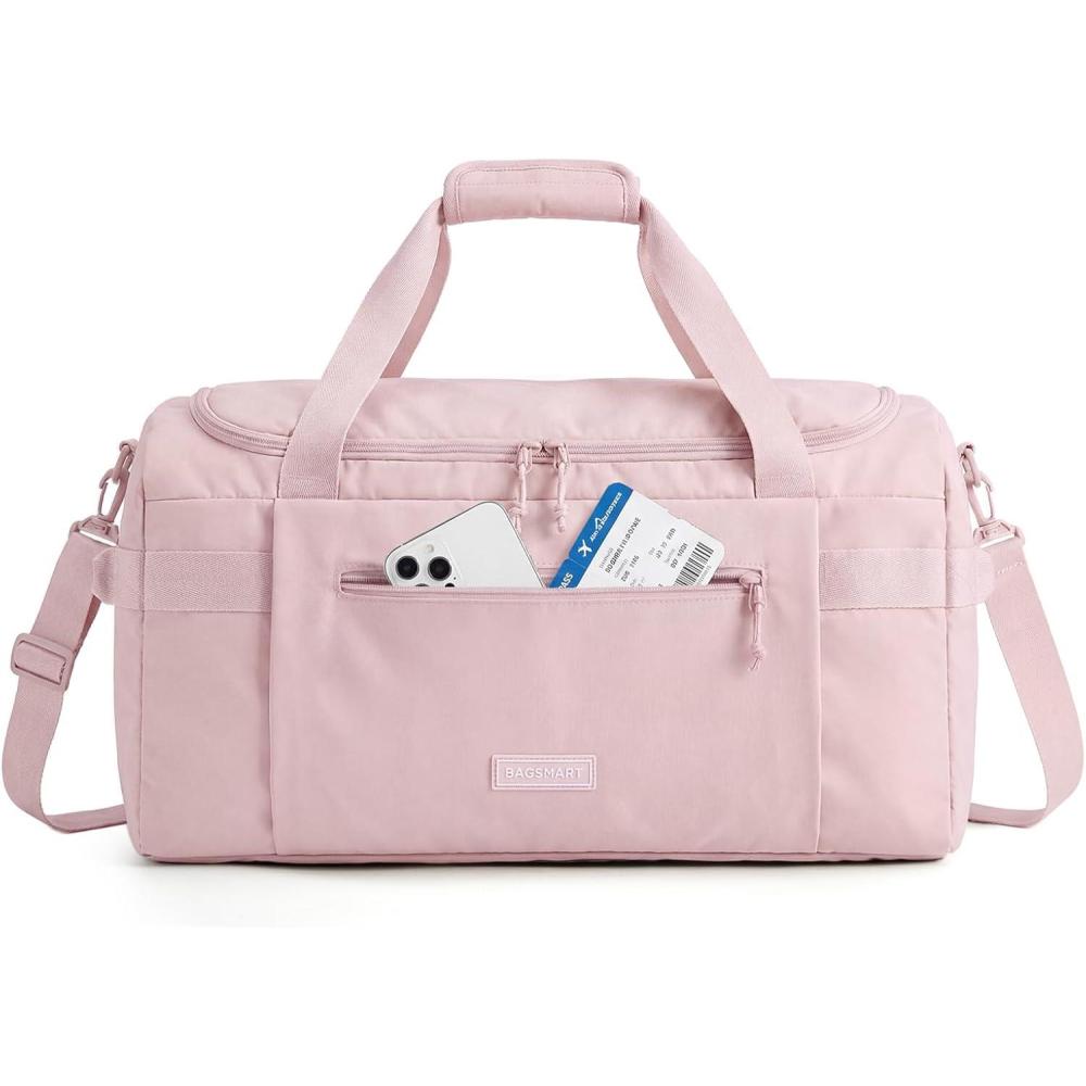 image:imageBAGSMART Weekend Bag with Shoe Bag 32L Travel Duffle Bag with Laptop Compartment Sports Duffel Bags Gym Bag Carry On Bag for Travel Gym BrownPink