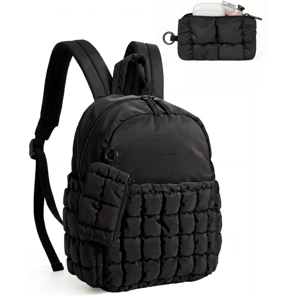 image:imageBAGSMART Mini Backpacks for Women Puffy Checkered Quilted Small Backpack with Pouch Lightweight Daypack Purse WaterResistant Bookbag for Daily Travel College 2in1 Set Sage GreenJet Black
