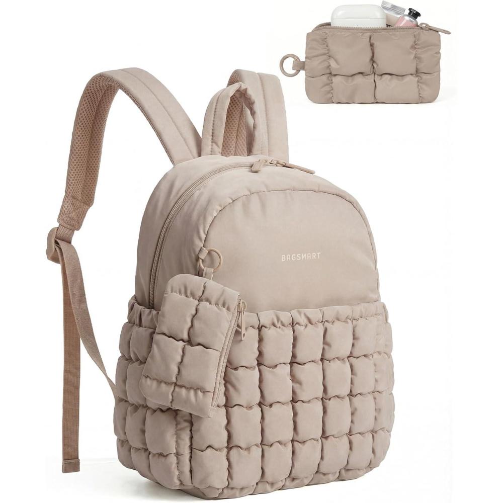 image:imageBAGSMART Mini Backpacks for Women Puffy Checkered Quilted Small Backpack with Pouch Lightweight Daypack Purse WaterResistant Bookbag for Daily Travel College 2in1 Set Sage GreenLatte Brown