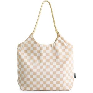 BAGSMART Beach Bags for Women, Beach Tote Bag Beach Bag with Zipper Travel Tote Bag for Women Sandproof Swim Pool Bag | Packable Beach Bag, Beach Essentials, for Travel, Gym, 12.5L Medium Tote, Lightweight, Water-resistant(Khaki Checkerboard Pattern)