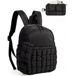 BAGSMART Mini Backpacks for Women, Puffy Checkered Quilted Small Backpack with Pouch, Lightweight Daypack Purse, Water-Resistant Bookbag for Daily Travel College, 2-in-1 Set, Sage Green(Jet Black)