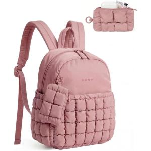 BAGSMART Mini Backpacks for Women, Puffy Checkered Quilted Small Backpack with Pouch, Lightweight Daypack Purse, Water-Resistant Bookbag for Daily Travel College, 2-in-1 Set, Sage Green(Dark Pink)