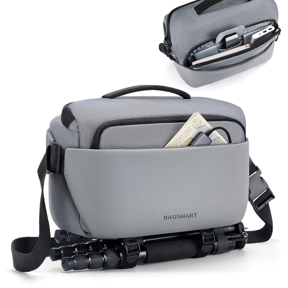 image:imageBAGSMART Camera Sling Bag Small Camera Bags for Photographers with Tripod Holder Waterproof DSLRSLRMirrorless Camera Bags Crossbody with Rain Cover Compatible with Canon Sony Nikon BeigeGray