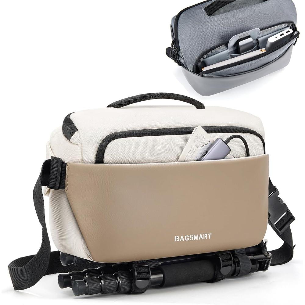 image:imageBAGSMART Camera Sling Bag Small Camera Bags for Photographers with Tripod Holder Waterproof DSLRSLRMirrorless Camera Bags Crossbody with Rain Cover Compatible with Canon Sony Nikon BeigeBeige