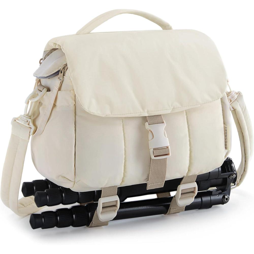 image:imageBAGSMART Small Camera Bag DSLR Camera Case for Camera Lens amp Accessories UltraLight Compact Crossbody Camcorder Bags with Rain CoverTripod Straps Irovy WhiteBeige