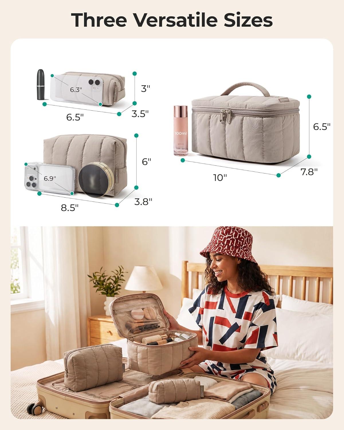 image:imageBAGSMART Travel Makeup Bag for Women 3 Pcs Puffy Quilted Cotton Cosmetic Organizer Large Toiletry Case and Small Purse Pouch for Gym Work Girls Blue Ditsy Floral06Cream White Check