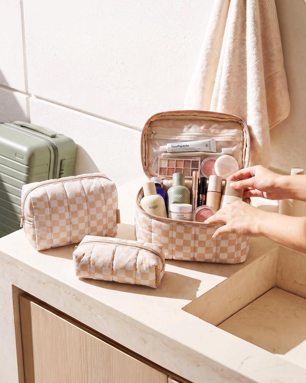 image:imageBAGSMART Travel Makeup Bag for Women 3 Pcs Puffy Quilted Cotton Cosmetic Organizer Large Toiletry Case and Small Purse Pouch for Gym Work Girls Blue Ditsy Floral04Leopard Print