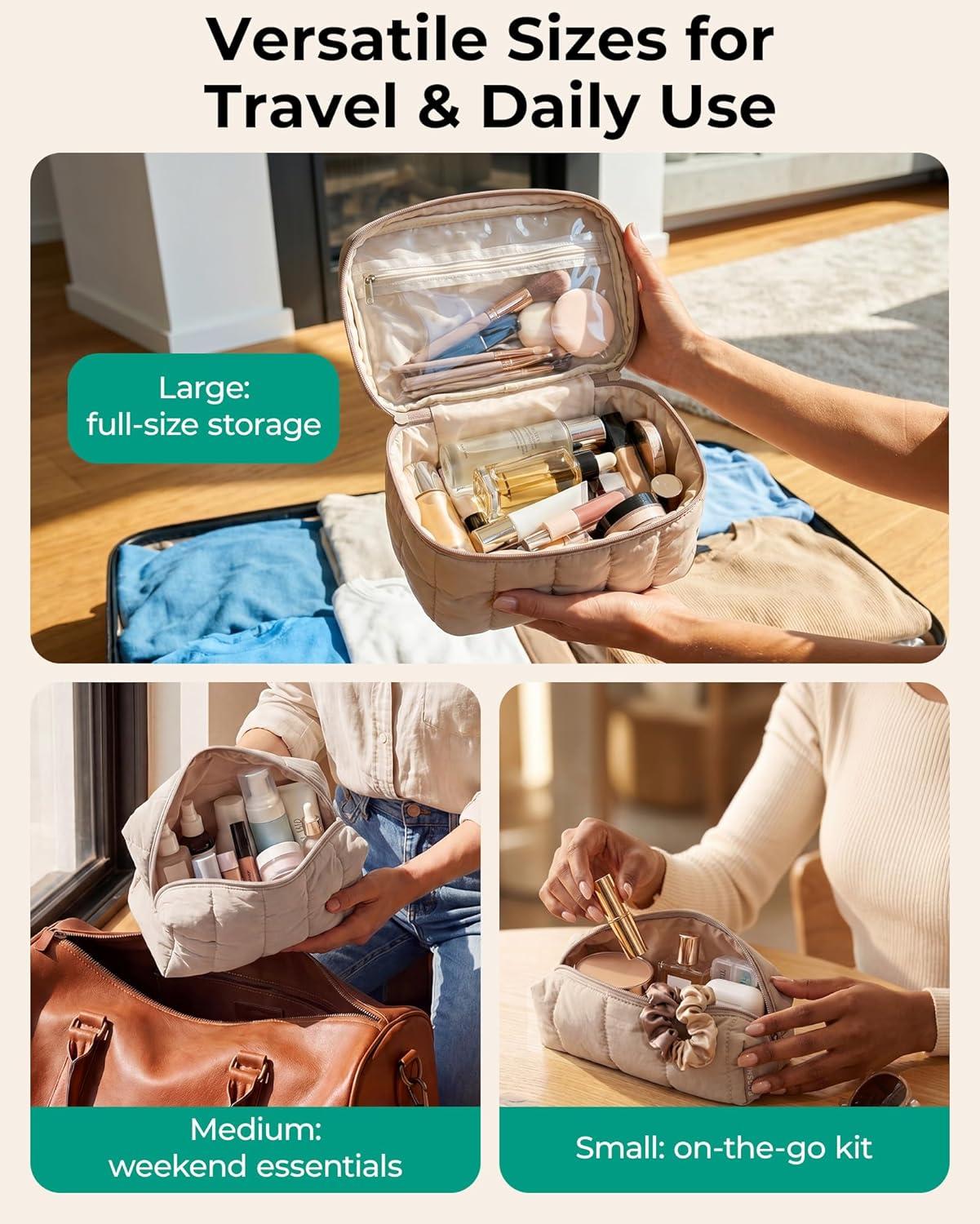 image:imageBAGSMART Travel Makeup Bag for Women 3 Pcs Puffy Quilted Cotton Cosmetic Organizer Large Toiletry Case and Small Purse Pouch for Gym Work Girls Blue Ditsy Floral06Glacier Blue
